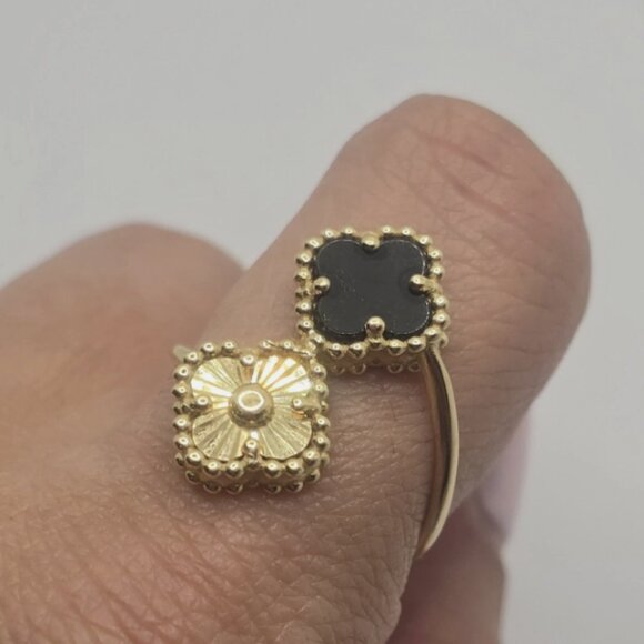 14k Solid Yellow Gold Clover/Flower Onyx Bypass Ring Size 8.5 - Picture 7 of 13